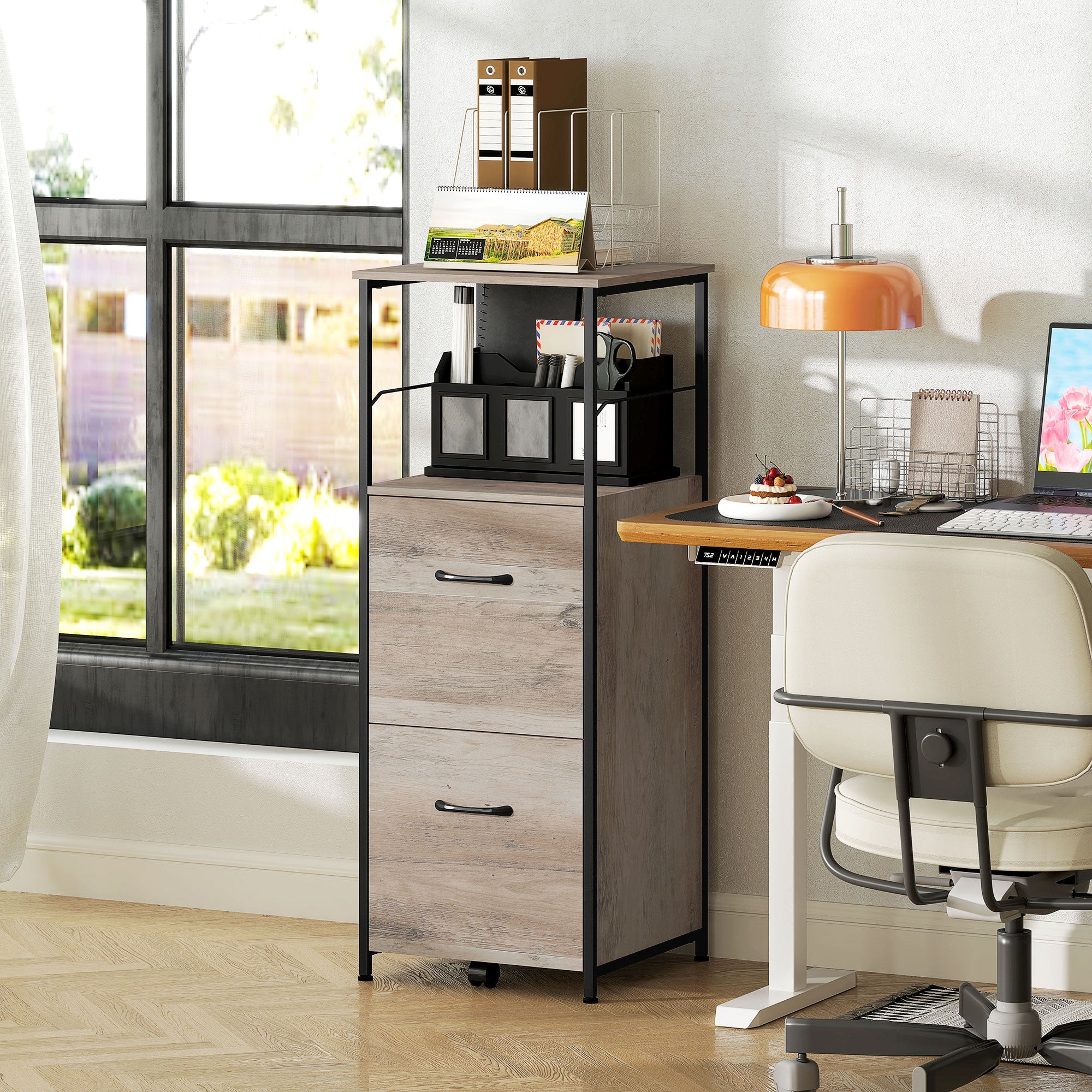 Vertical Filing Cabinet, Tall File Cabinet with 2 Drawers, Hanging Bars for Letter and A4 Size, Distressed Grey Office Cabinets & Cupboards at Gallery Canada