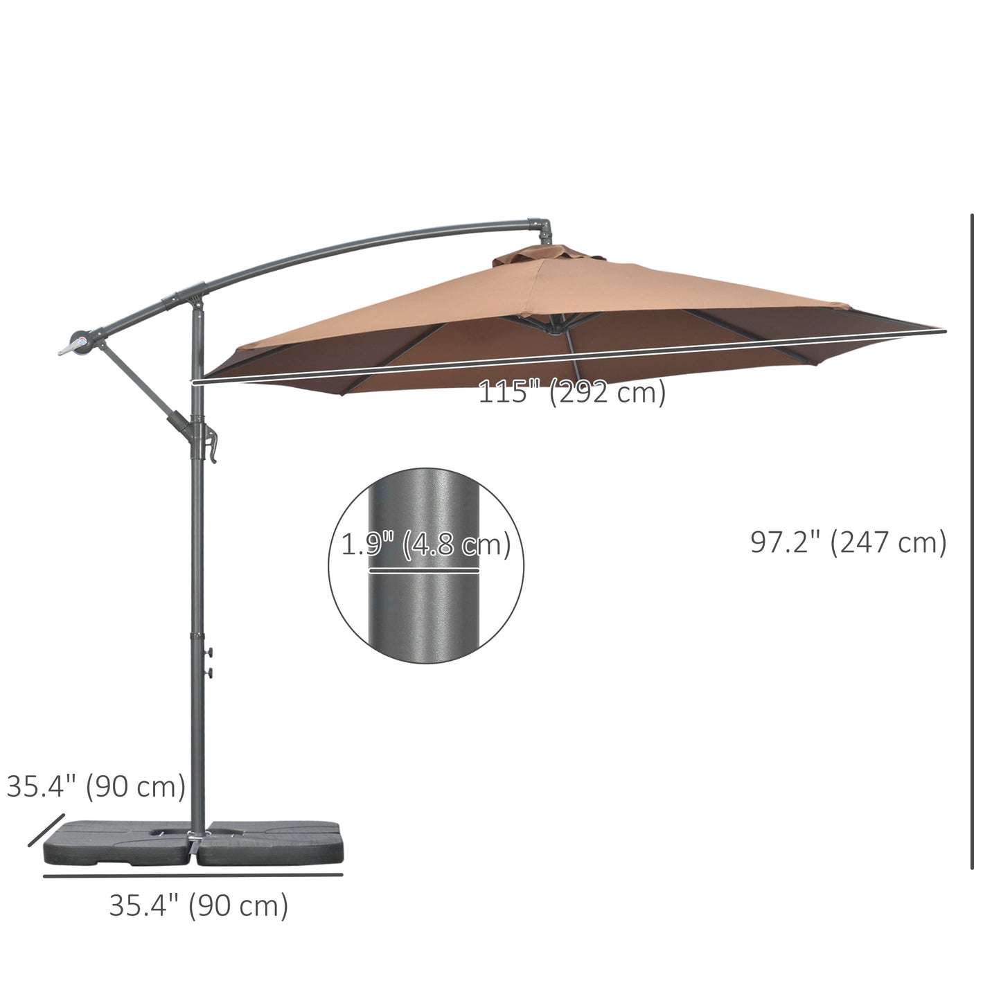 9.6ft Offset Patio Umbrella Garden Hanging Parasol Banana Cantilever Umbrella with Base, Crank, Coffee Cantilever Umbrellas   at Gallery Canada