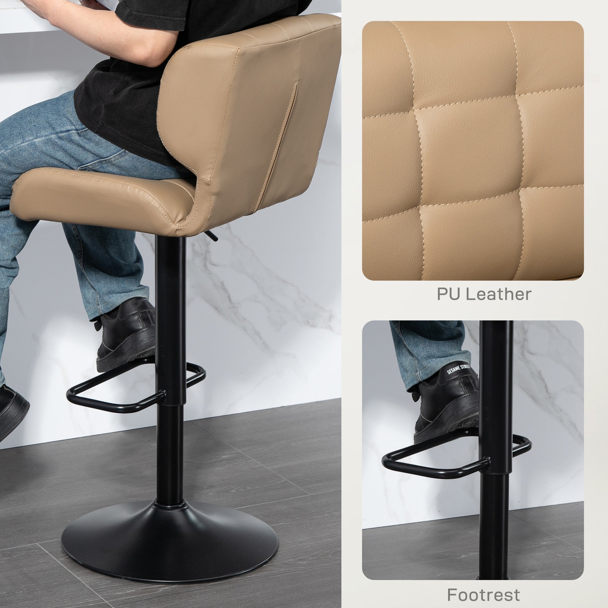 Swivel PU Leather Barstools Set of 2 Adjustable Bar Stools with Footrest Back for Kitchen Counter Dining Room Khaki Bar Stools   at Gallery Canada