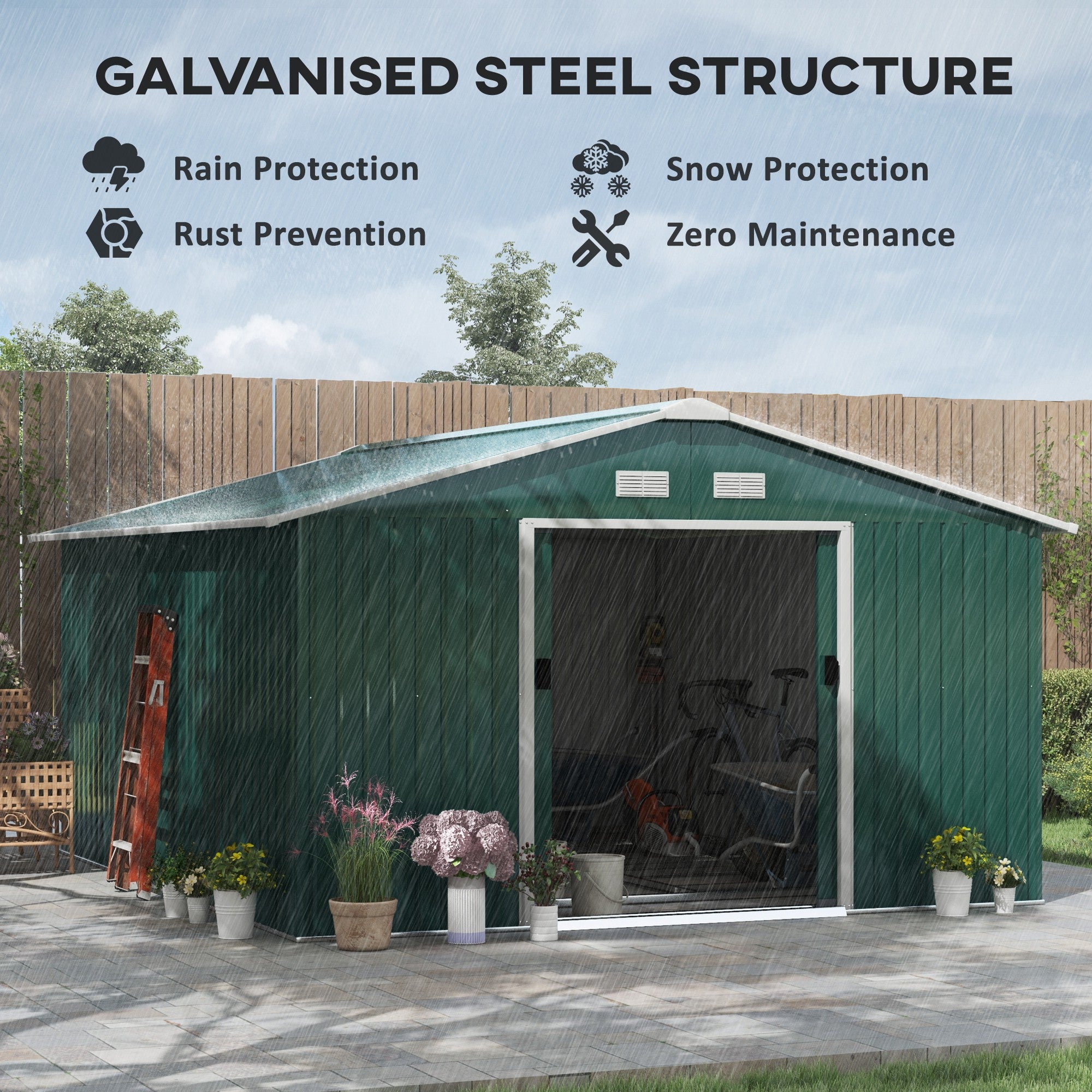 11' x 13' Practical Backyard Garden Storage Tool Shed Double Sliding Door 4 Ventilation Slots, Green Sheds at Gallery Canada