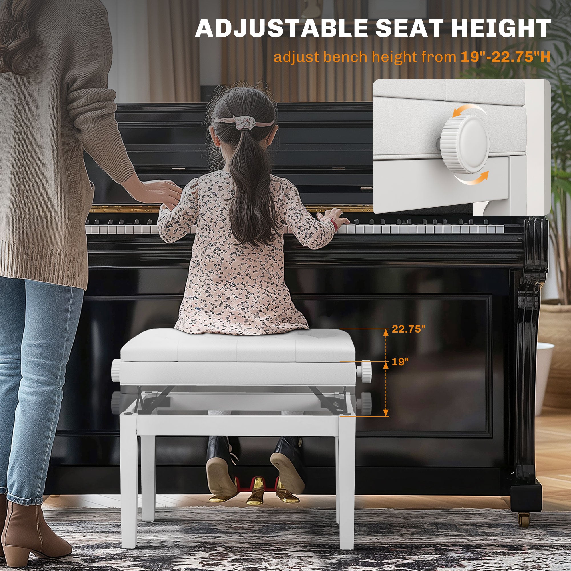 Adjustable Piano Bench with Storage and Soft PU Leather Padded, with Enough Music Storage Design, White Piano Benches at Gallery Canada