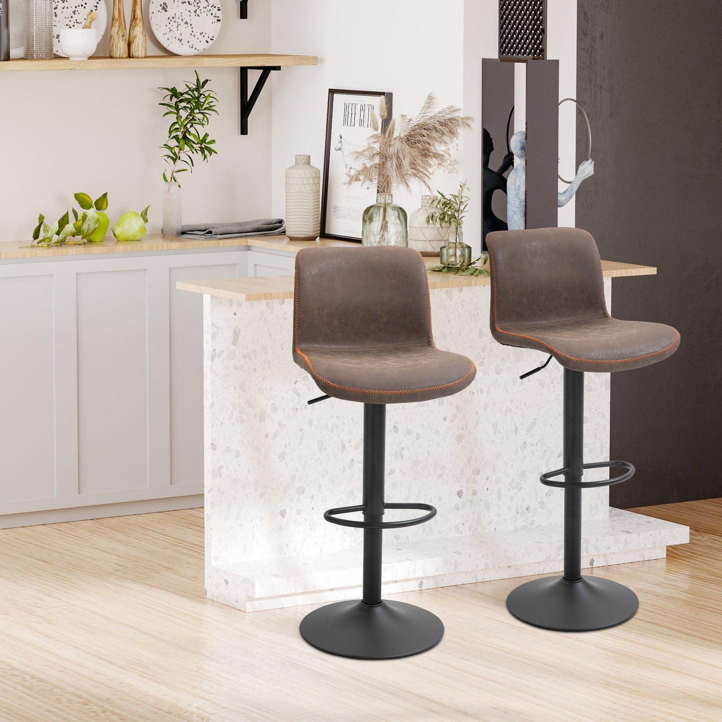 Adjustable Swivel Counter Height Bar Stools with Footrest, PU Leather, Brown Bar Stools   at Gallery Canada