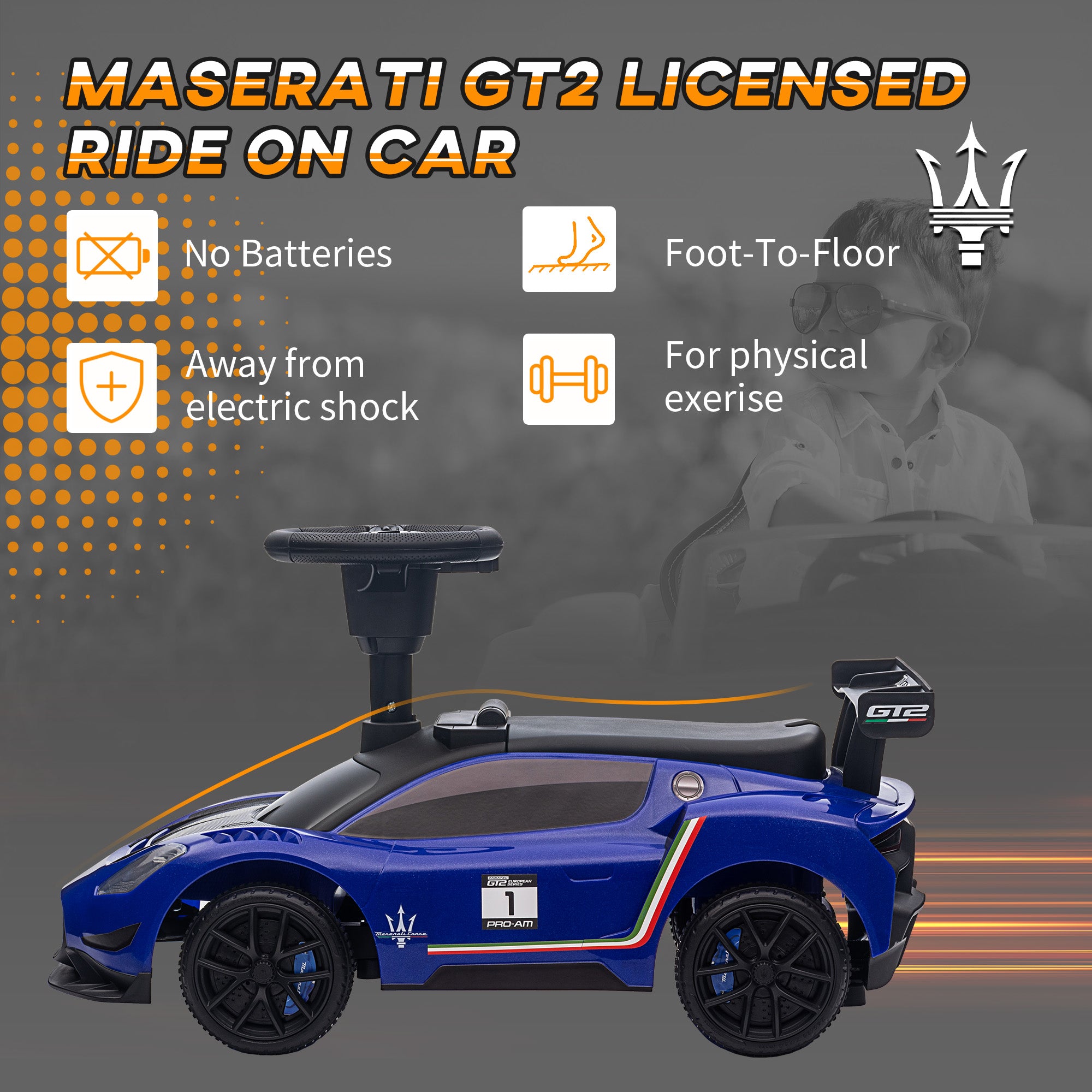 Licensed Maserati GT2 Baby Sliding Car with Storage, Music, Horn, Foot to Floor Toddler Car for 18-60 Months, Blue Push Cars for Toddlers   at Gallery Canada