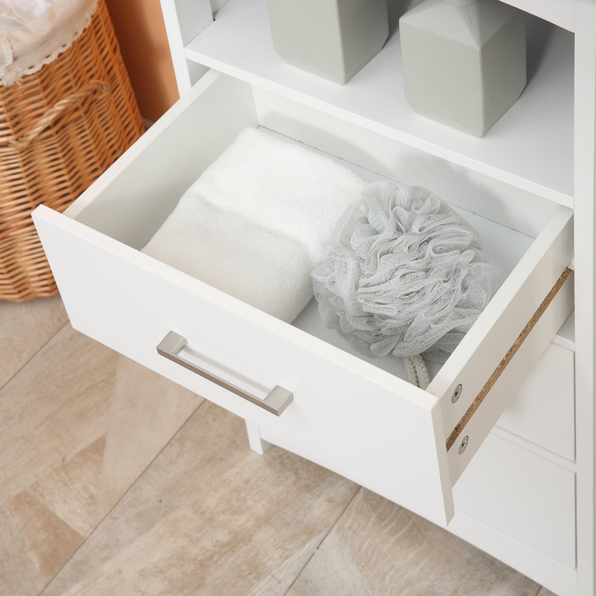 Bathroom Floor Cabinet, Freestanding Storage Cupboard Unit with 3 Drawers and Open Components, White Bathroom Cabinets   at Gallery Canada