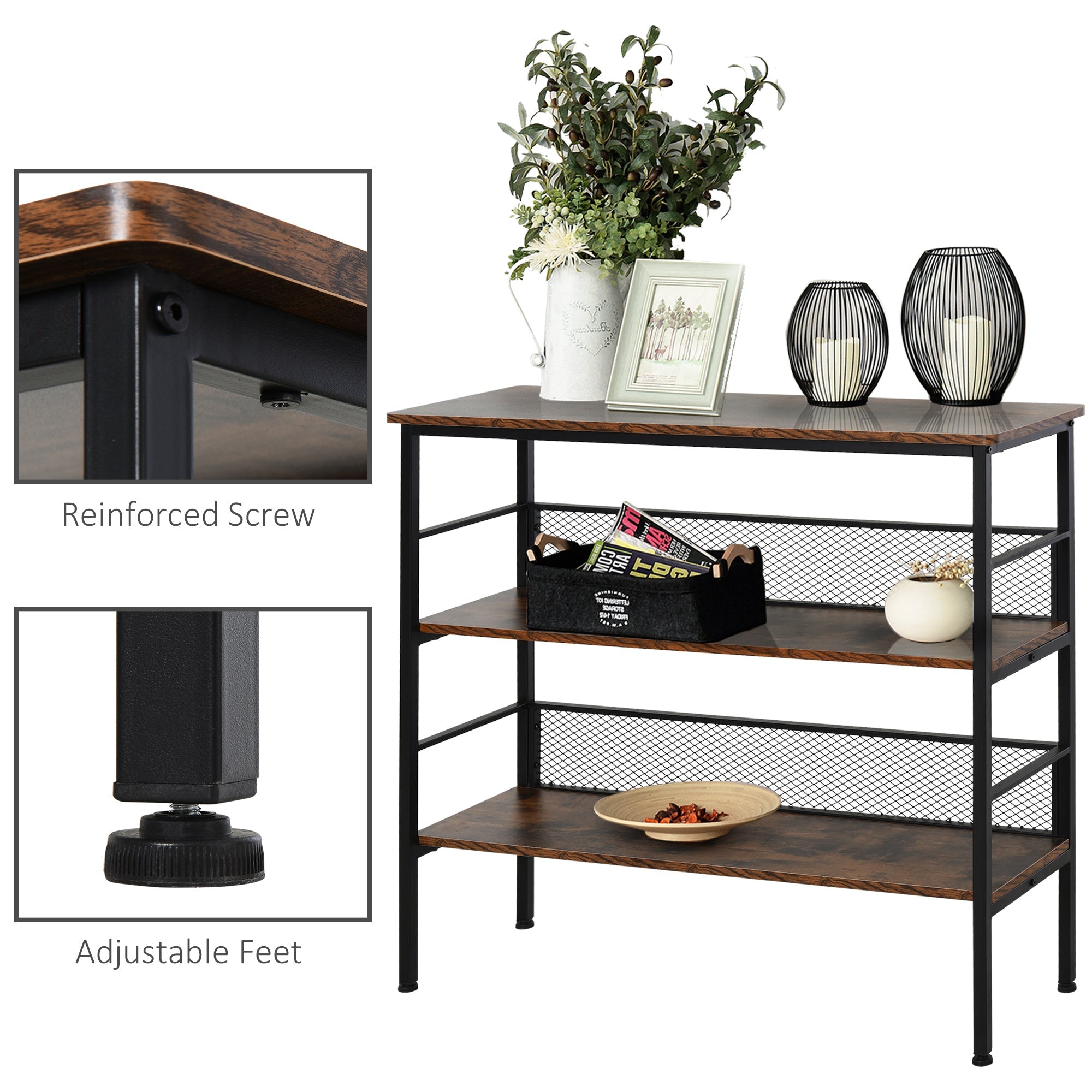 3 Tier Bookshelf Industrial Display Rack, 39 Inch Wood Metal Bookcase with Adjustable Feet for Living Room, Balcony, Kitchen, Brown Display Bookshelves   at Gallery Canada