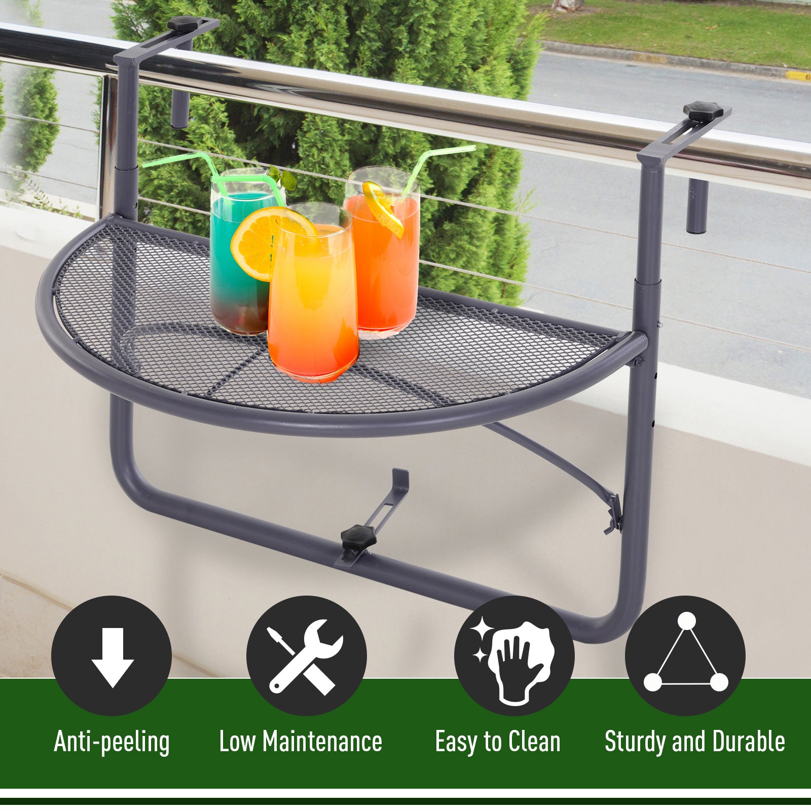 Adjustable Balcony Hanging Railing Table, Metal Mounting Mini Wall Desk Storage Rack, Outdoor Flower Stand Serving Table Half Round, Grey Balcony Table Hanging at Gallery Canada
