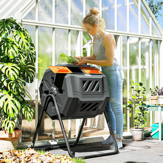 Tumbling Compost Bin Outdoor Dual Chamber 360° Rotating Composter 43 Gallon with Sliding Doors, Orange Garden Accessories at Gallery Canada