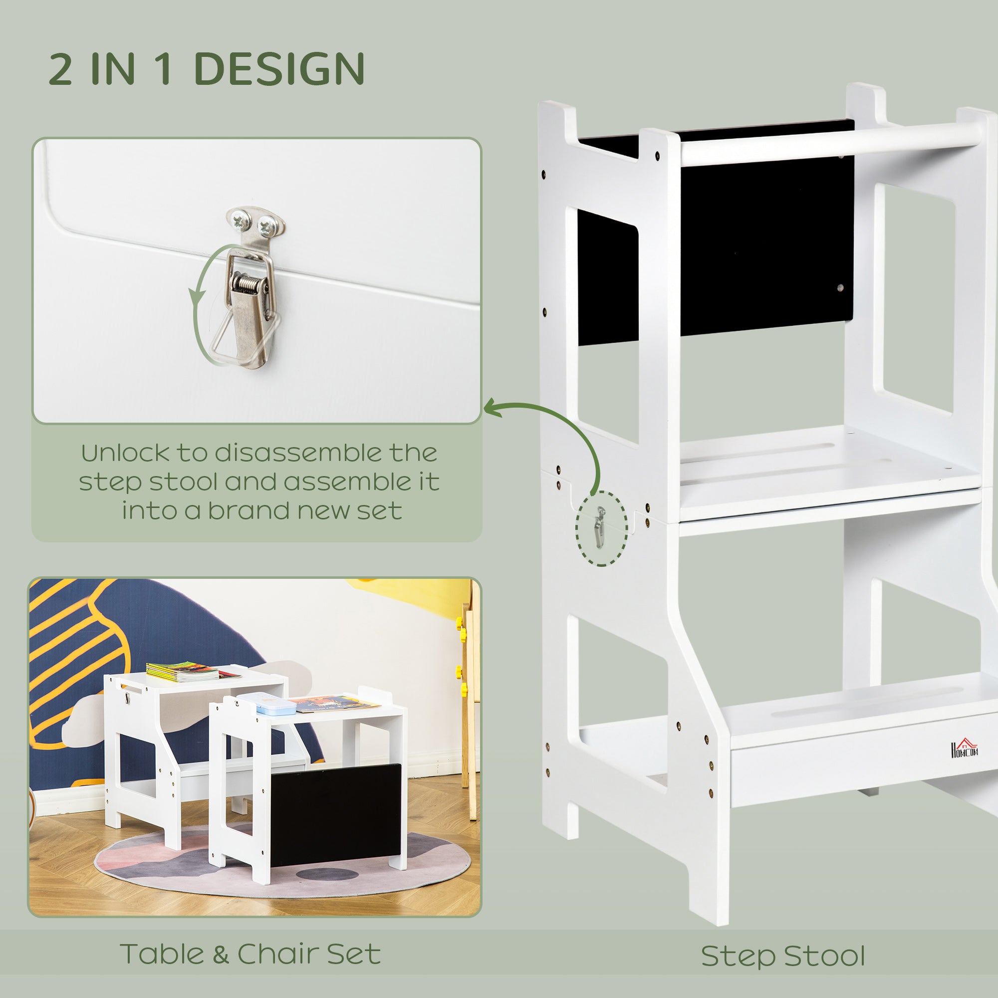 2-in-1 Kids Kitchen Helper Step Stool, Detachable Toddler Table and Chair Set, Children Standing Tower for Kitchen Counter with Safety Rail Chalkboard, White Toddler & Kids Step Stools at Gallery Canada