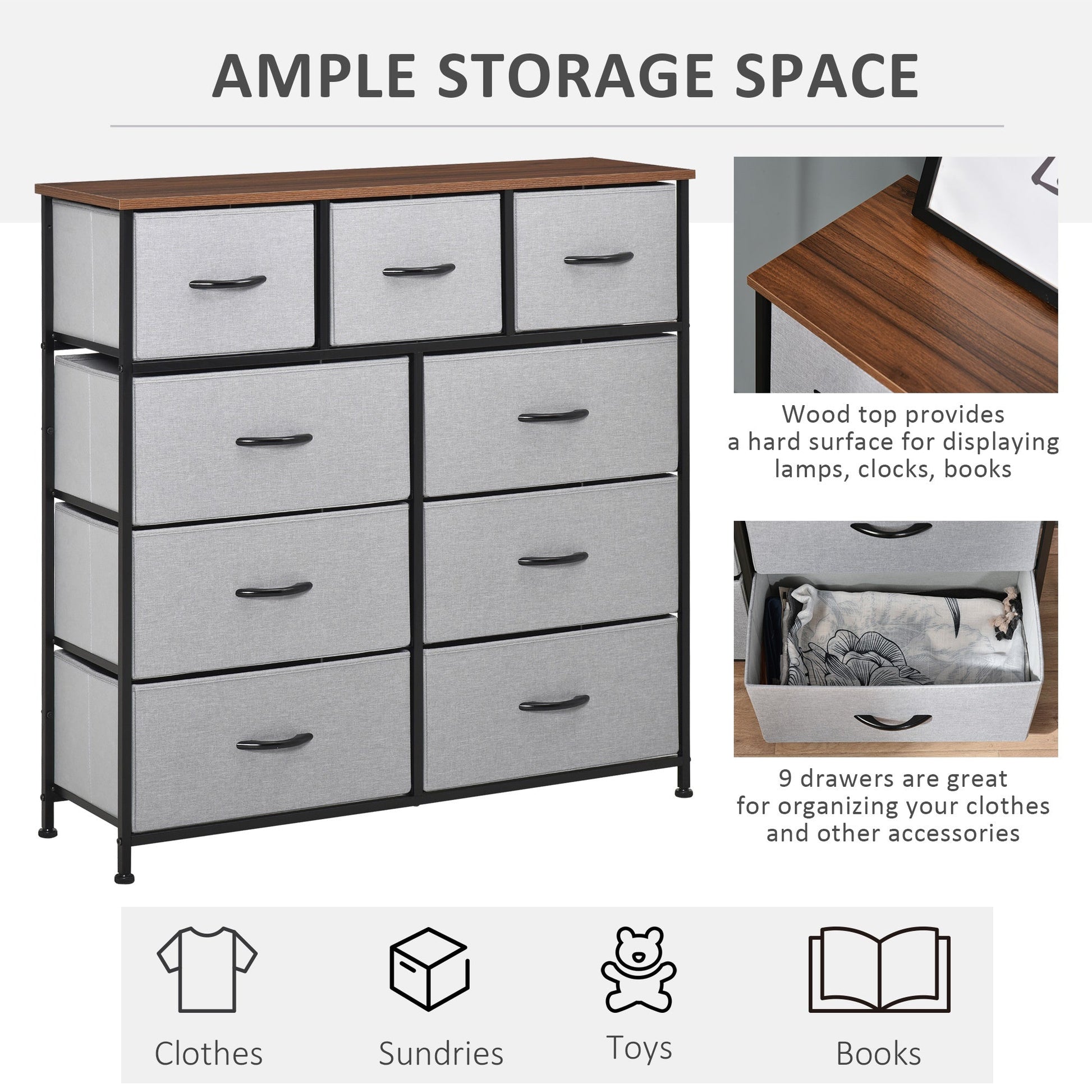 9 Bins Storage Chest Dresser Organizer Unit w/ Steel Frame, Wood Top, Easy Pull Fabric Bins, for Living Room, Hallway, Entryway Storage Cabinets   at Gallery Canada