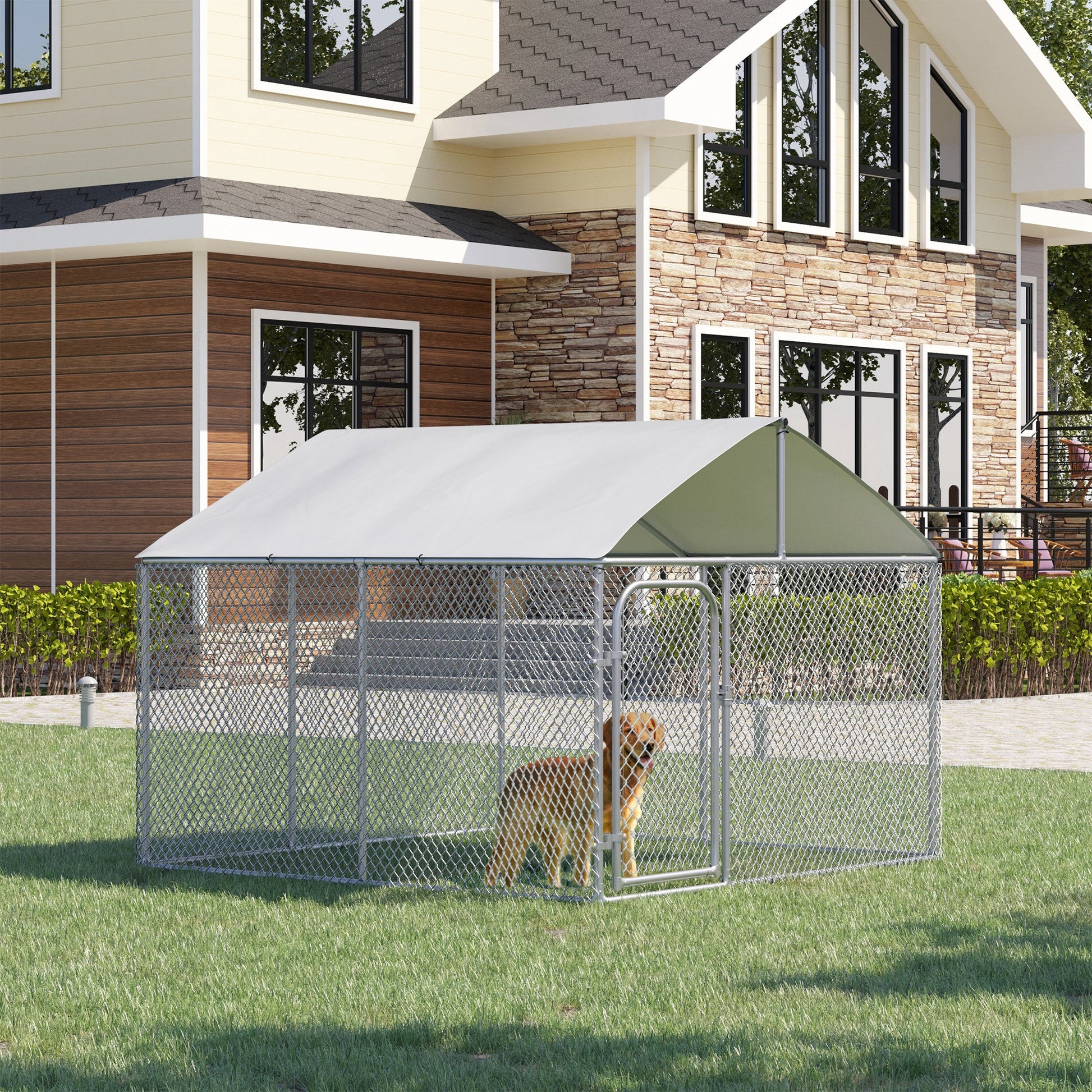 Dog Kennel Outdoor Run Fence with Roof, Steel Lock, Mesh Sidewalls for Backyard &; Patio, 7.5' x 7.5' x 5.7' Houses, Kennels & Pens   at Gallery Canada