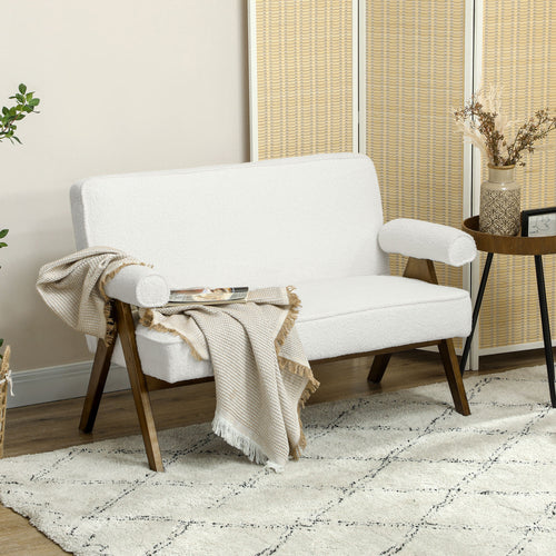 Boucle Fabric 2 Seater Sofa, Small Sofa Loveseat with Thick Padding and Wood Legs, Cream White