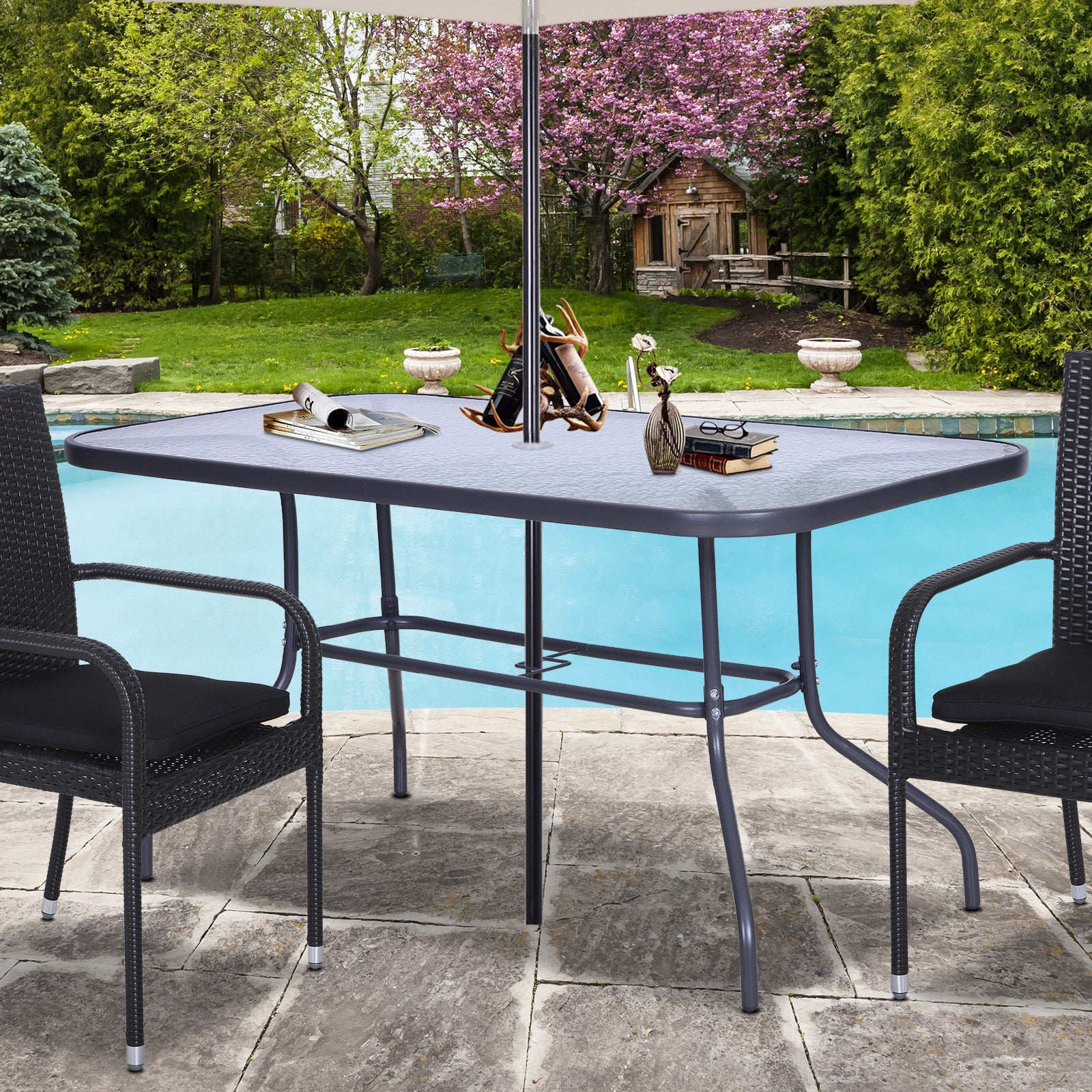 Metal Garden Dining Tables Outdoor Patio w/ Tempered Glass Top, Umbrella Hole, 55