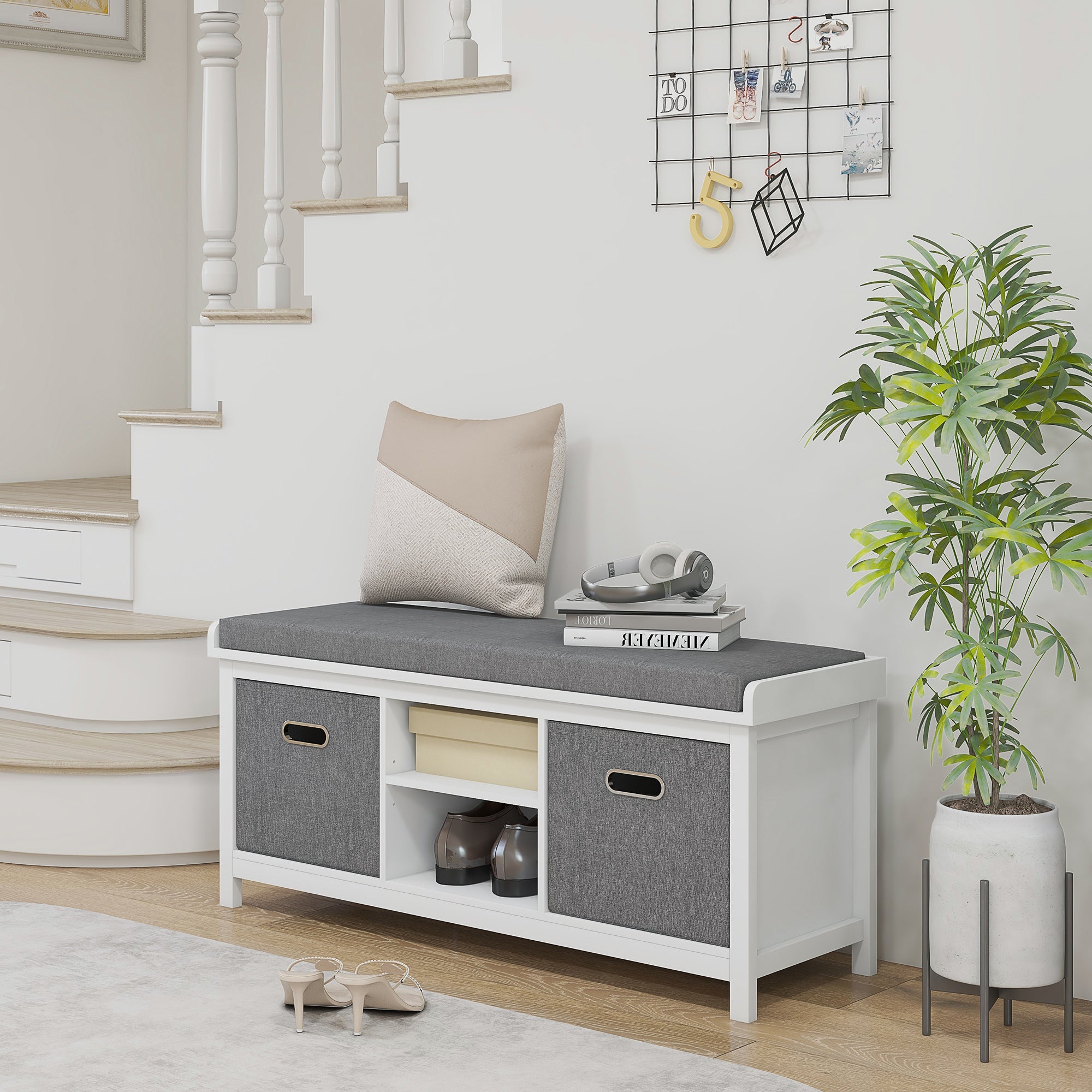 Shoe Storage Bench with Seat, Entryway Bench Seat with Cushion, 2 Drawers and Adjustable Shelf for Hallway, White Shoe Storage Cabinets & Racks Multi Colour  at Gallery Canada