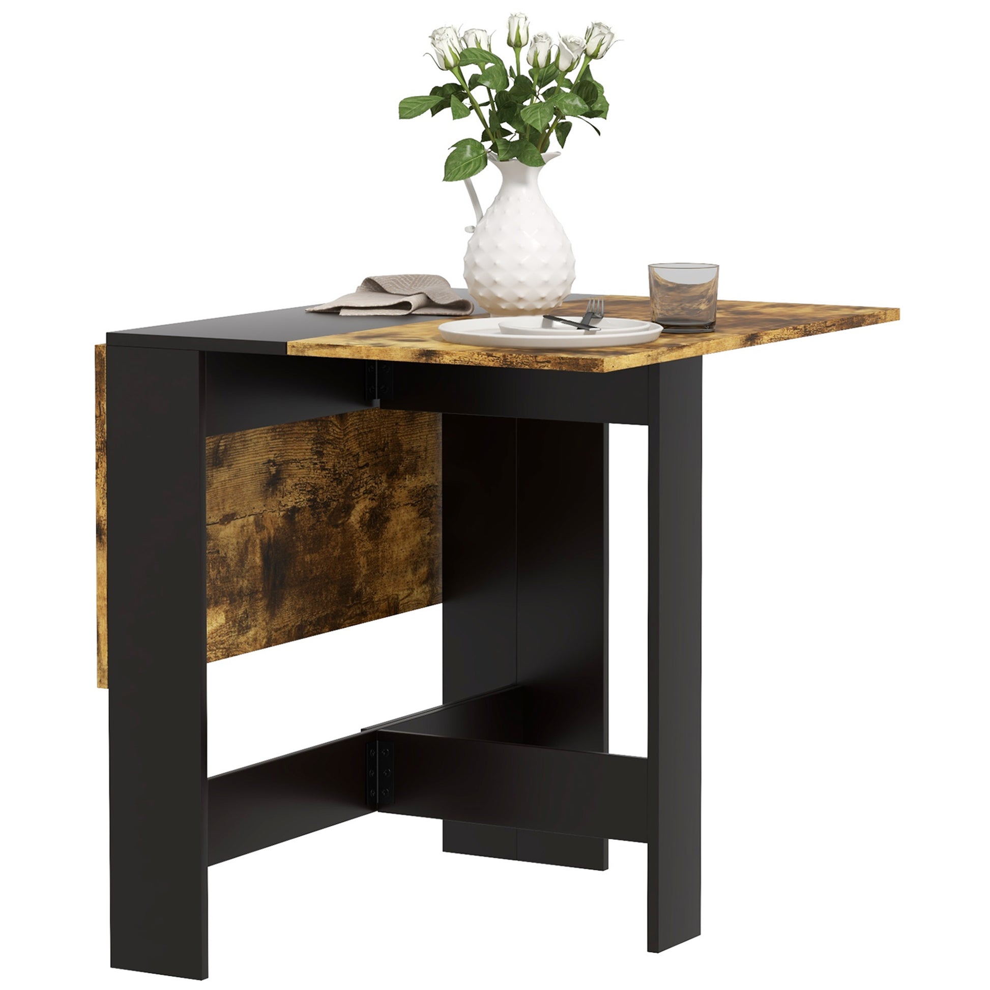 Drop Leaf Dining Table Wood Folding Table Multi-Use Side Table Dining Desk Space Saving Table, Rustic Brown and Black Bar Tables & Dining Tables   at Gallery Canada