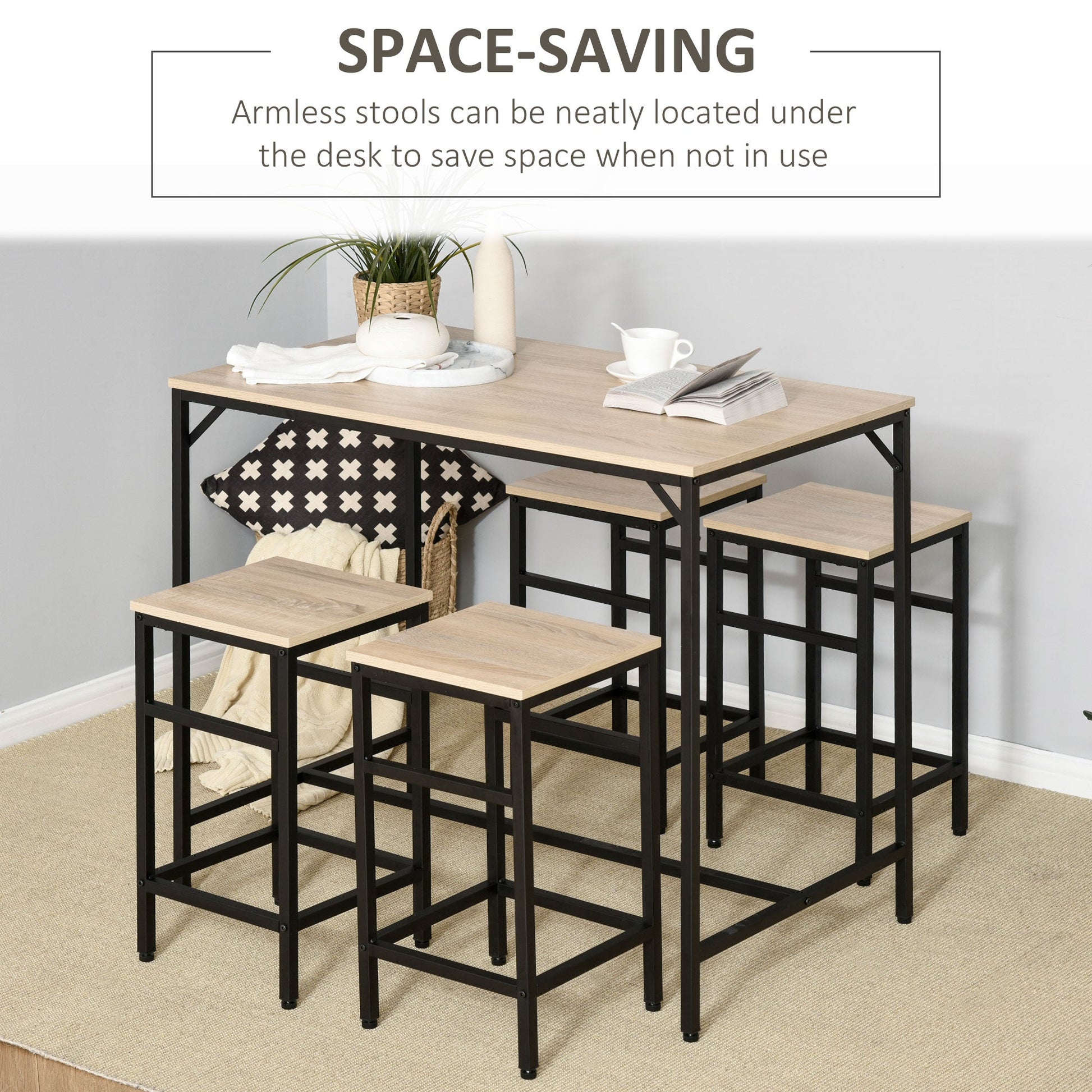 5 Pieces Industrial Rectangular Bar Table Set, Dining Table Set Breakfast Table with 4 Stools for Dining Room, Kitchen, Dinette, Oak Bar Sets   at Gallery Canada