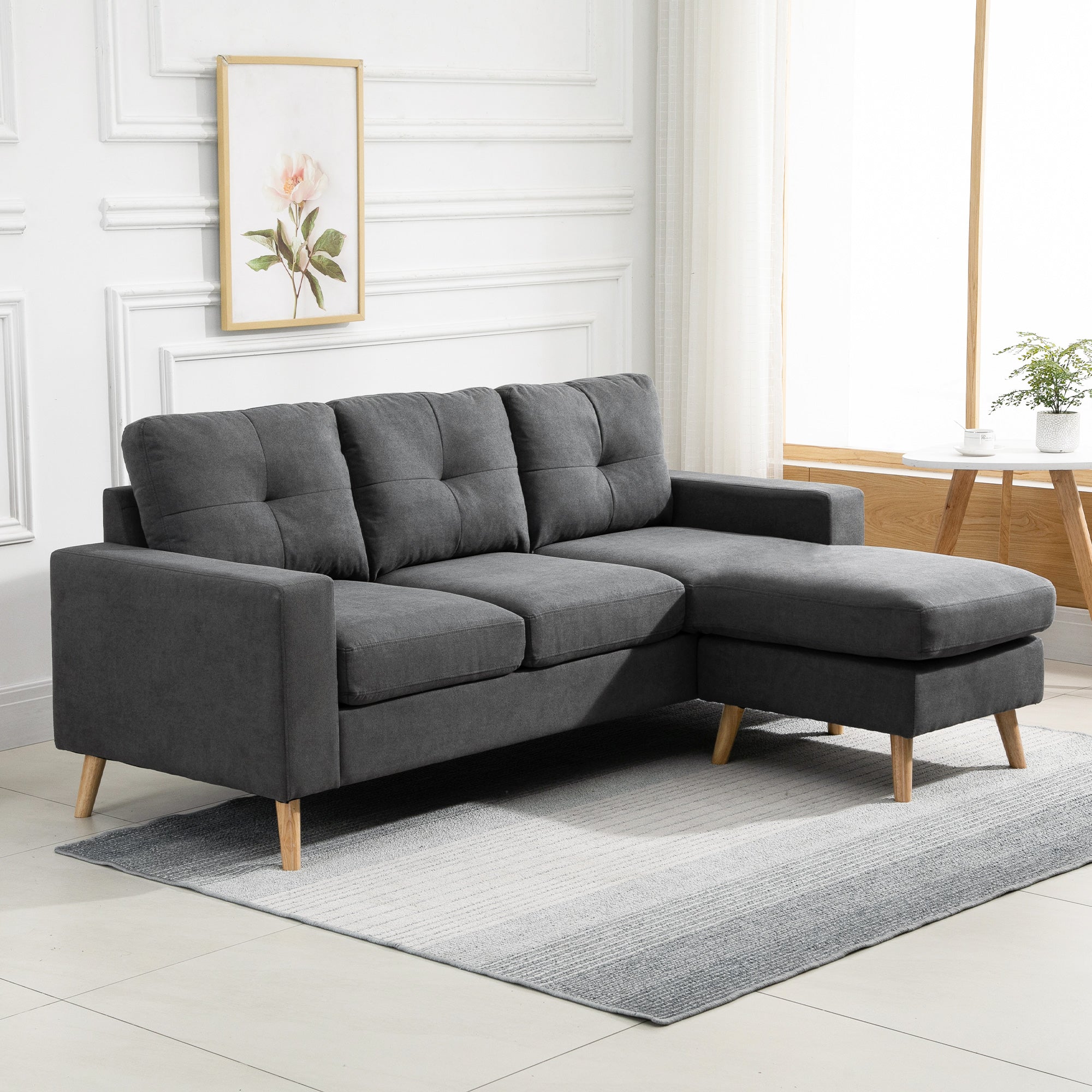 Sectional Sofa Couch, L Shaped Couch with Reversible Chaise, Wooden Legs for Living Room, Bedroom, Dark Grey 3-Seater Sofas at Gallery Canada