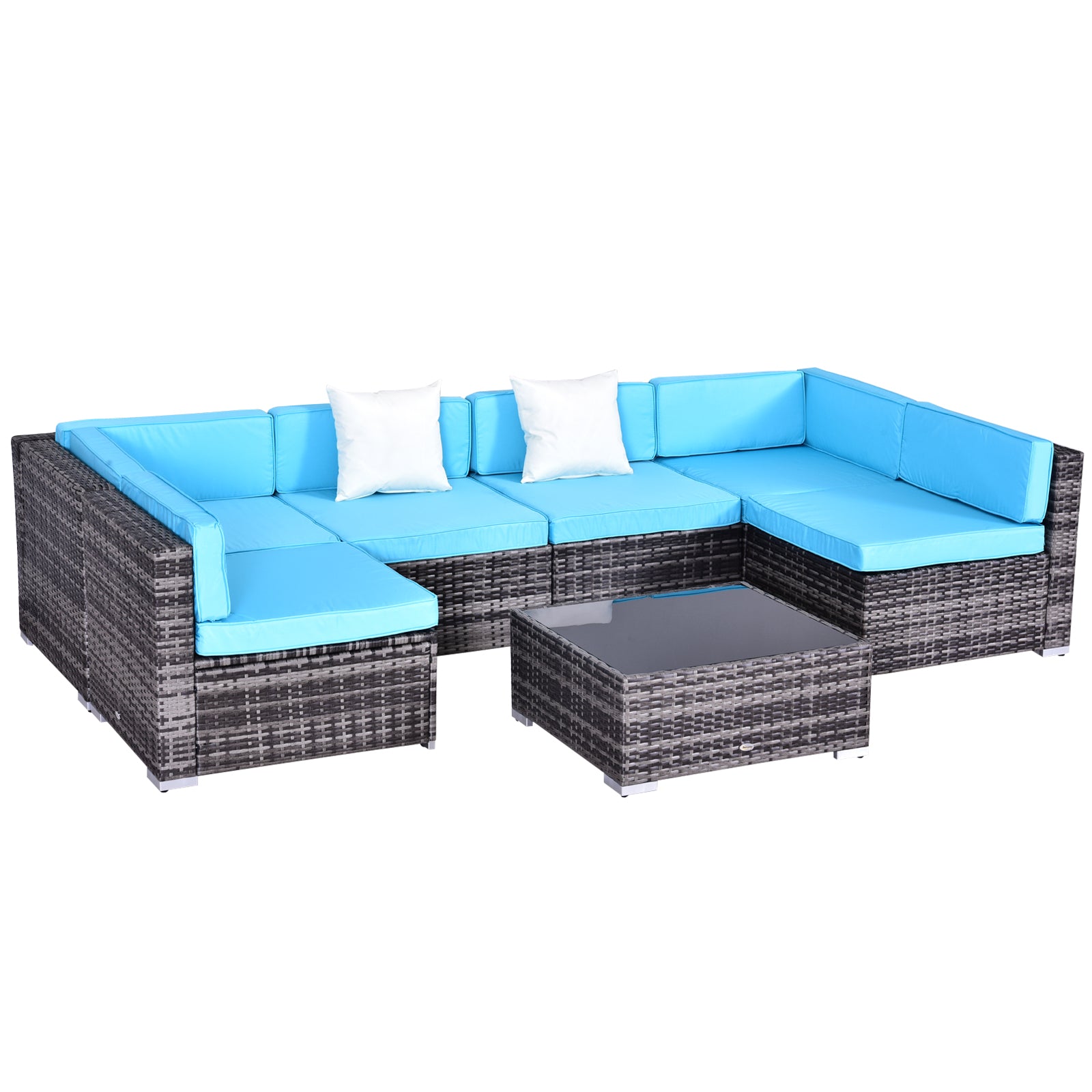 7 Pieces Outdoor Rattan Furniture Set, Patio Wicker Sectional Conversation Sofa Set w/ Cushions &; Coffee Table Patio Furniture Sets Grey, Sky Blue, Light Blue at Gallery Canada