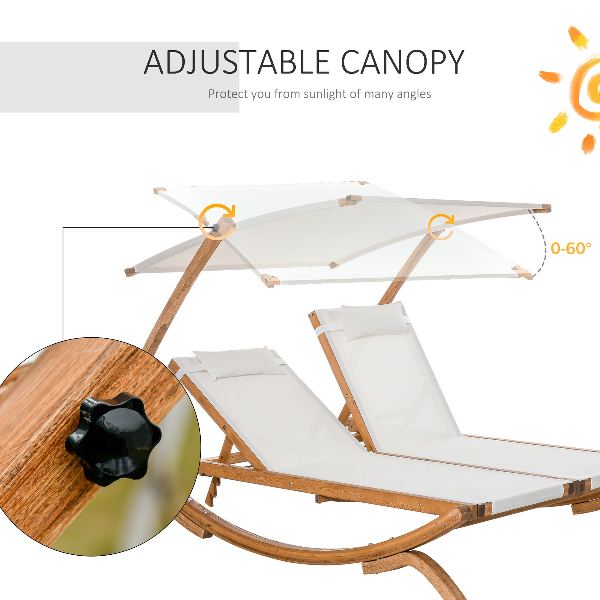 Adjustable Wooden Double Chaise Lounge with Canopy and Pillows for Patio, Beige Lounger Chairs   at Gallery Canada