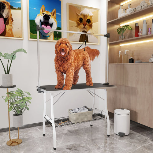 Foldable Dog Grooming Table with Adjustable Grooming Arms, Storage Shelf, Two Nooses, 42