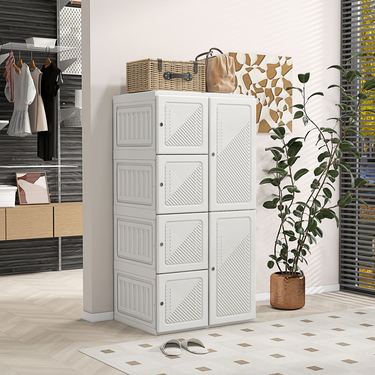 Portable Wardrobe, Foldable Clothes Storage Organzier with 4 Compartments, Hanging Rod, Magnet Doors, White Clothing Storage White  at Gallery Canada