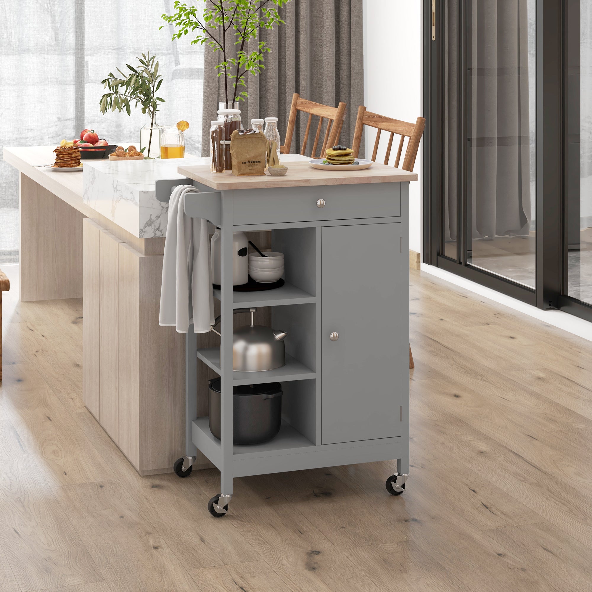 Modern Rolling Kitchen Island Cart with Drawer, Natural Wood Top, Towel Rack, Door Storage Cabinet, Grey Kitchen Islands & Kitchen Carts Multi Colour  at Gallery Canada