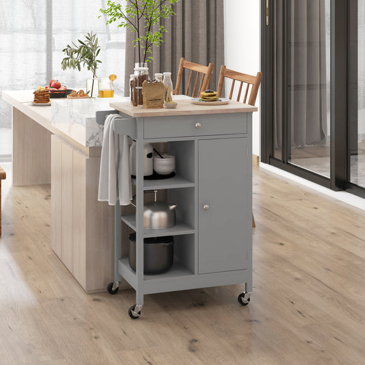 Modern Rolling Kitchen Island Cart with Drawer, Natural Wood Top, Towel Rack, Door Storage Cabinet, Grey Kitchen Islands & Kitchen Carts   at Gallery Canada