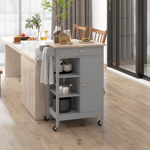 Modern Rolling Kitchen Island Cart with Drawer, Natural Wood Top, Towel Rack, Door Storage Cabinet, Grey