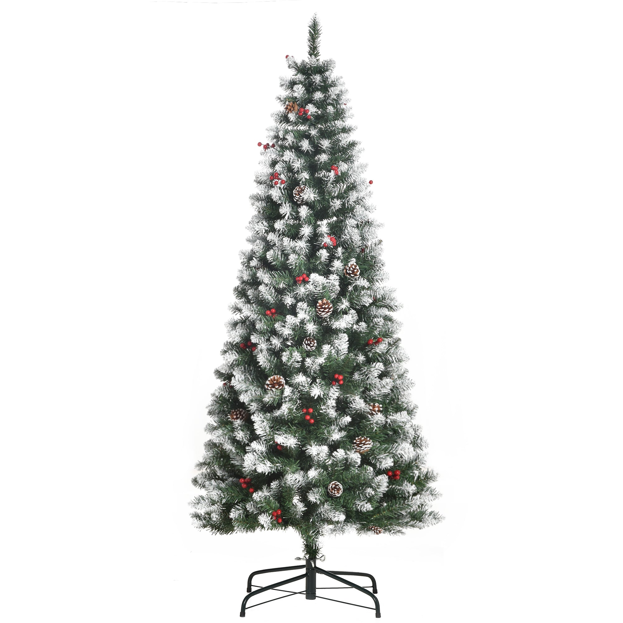 6ft Decorated Christmas Tree with Red Berries and Pine Cones, Flocked Christmas Tree with Pencil Shape, Green Flocked Christmas Trees   at Gallery Canada