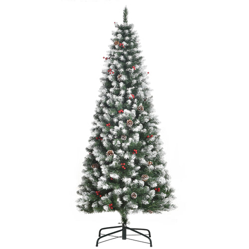 6ft Decorated Christmas Tree with Red Berries and Pine Cones, Flocked Christmas Tree with Pencil Shape, Green