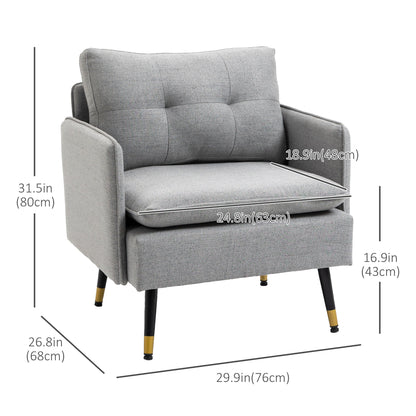 Accent Chair with Cushioned Seat and Back, Upholstered Fabric Armchair for Bedroom, Button Tufted Living Room Chair with Arms and Steel Legs, Grey Accent Chairs   at Gallery Canada