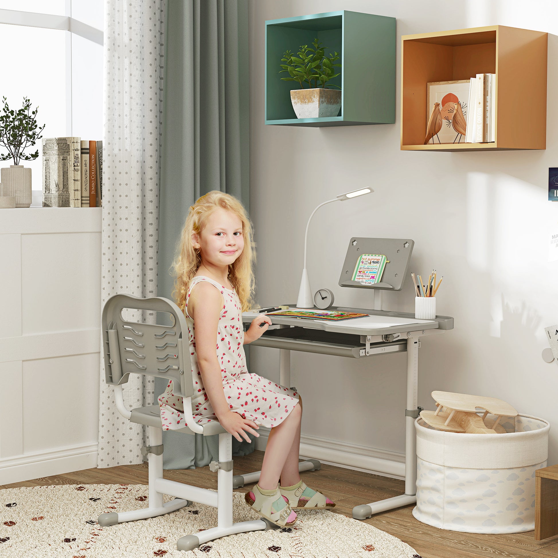 Kids Desk and Chair Set Height Adjustable Student Writing Desk Children School Study Table with Tilt Desktop, Grey Kids Desk Sets Grey  at Gallery Canada