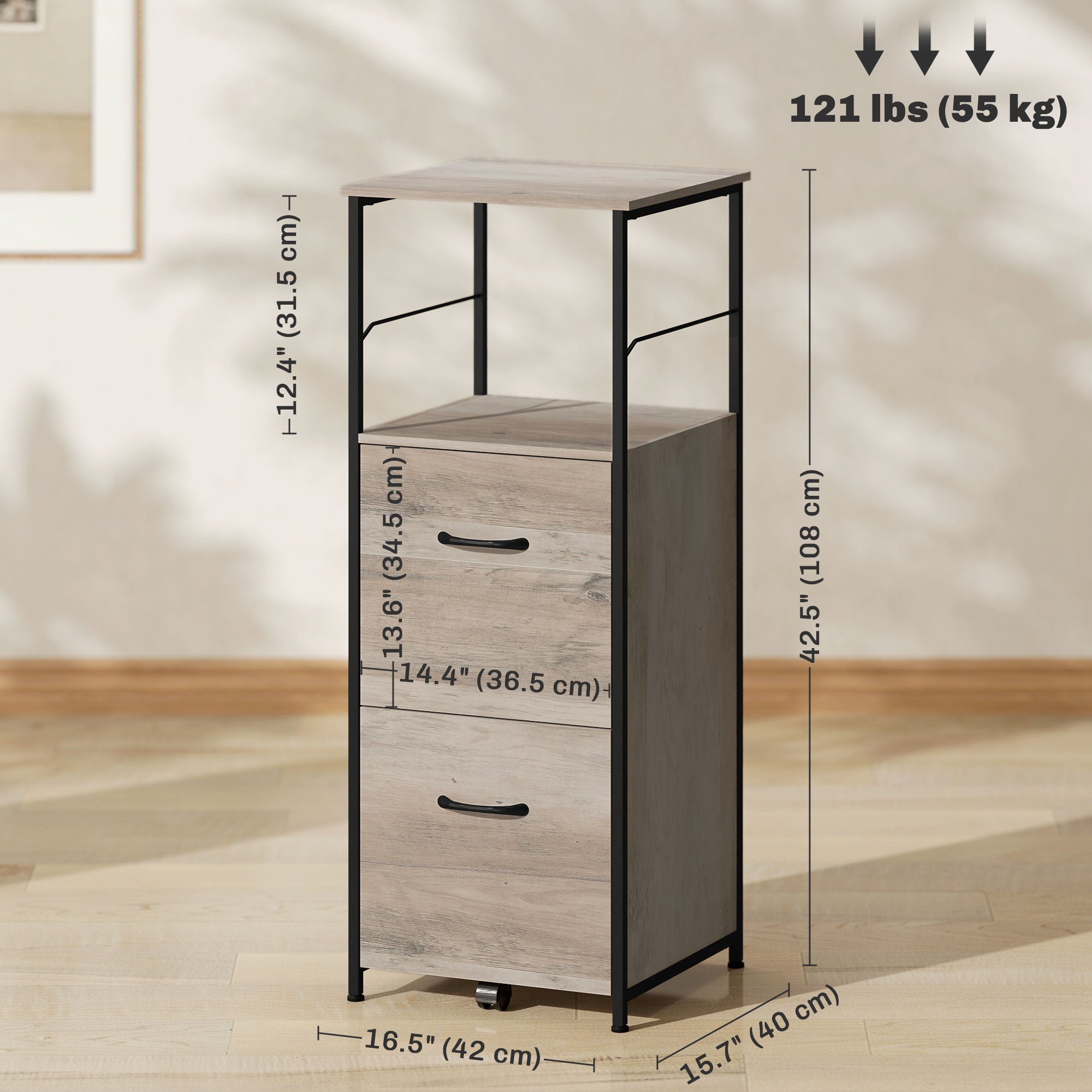 Vertical Filing Cabinet, Tall File Cabinet with 2 Drawers, Hanging Bars for Letter and A4 Size, Distressed Grey Office Cabinets & Cupboards at Gallery Canada