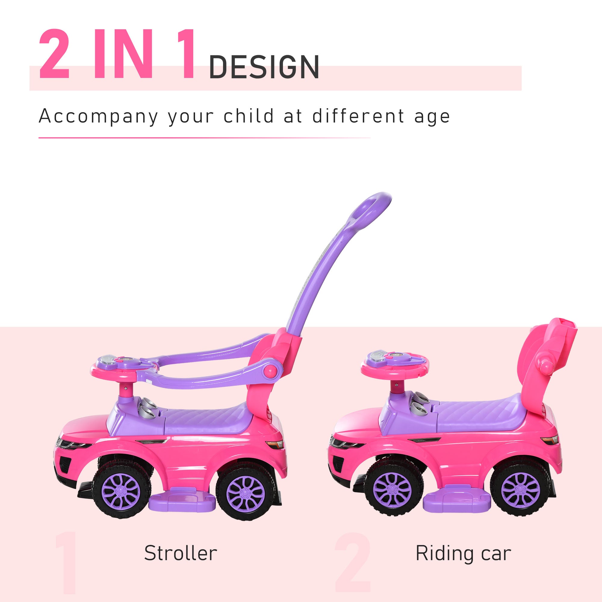 2 In 1 Kid Ride on Push Car Stroller Sliding Ride on Car with Horn Music Light Function Secure Bar Ride on Toy for Boy Girl Toddlers 1-3 Years Old Pink Push Cars for Toddlers at Gallery Canada