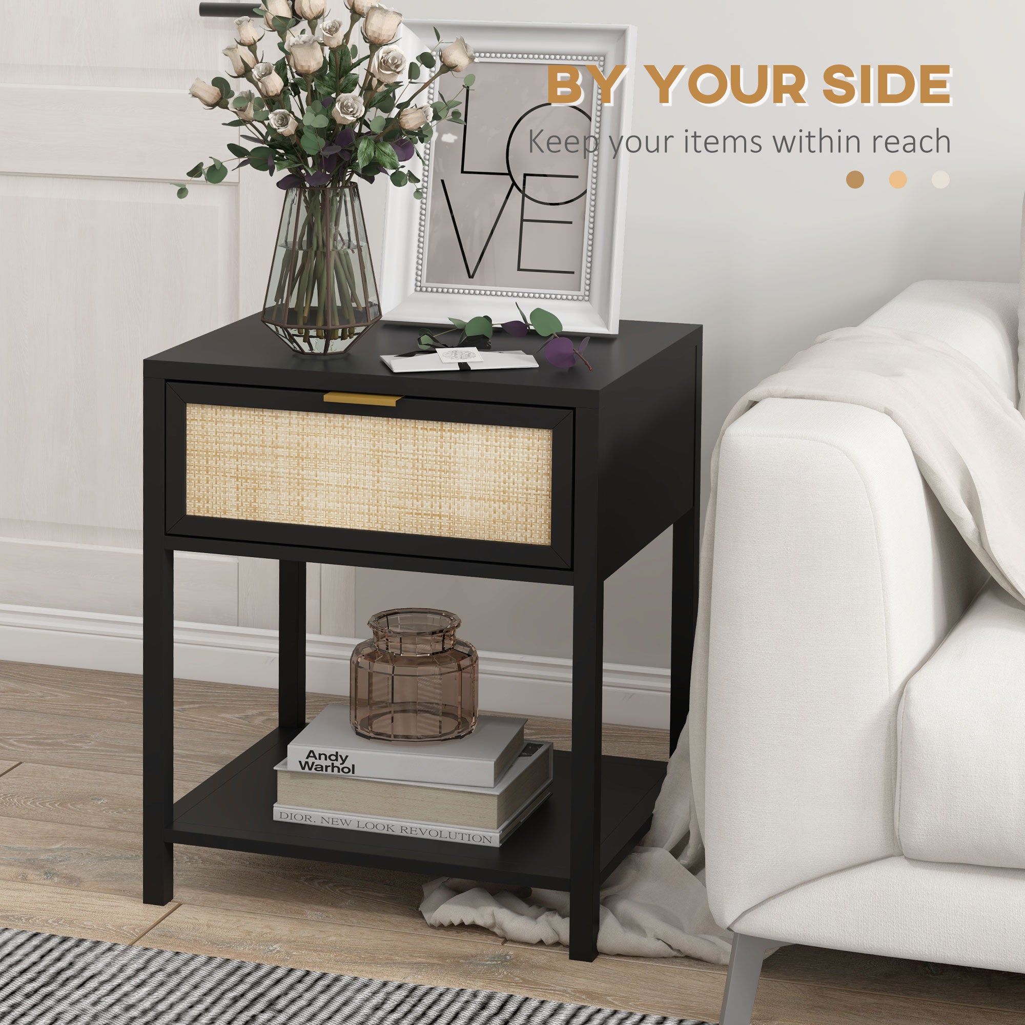 Boho Nightstand, Bedside Table with Rattan Drawer and Open Shelf, Side End Table for Bedroom, Living Room, Black Bedside Tables at Gallery Canada