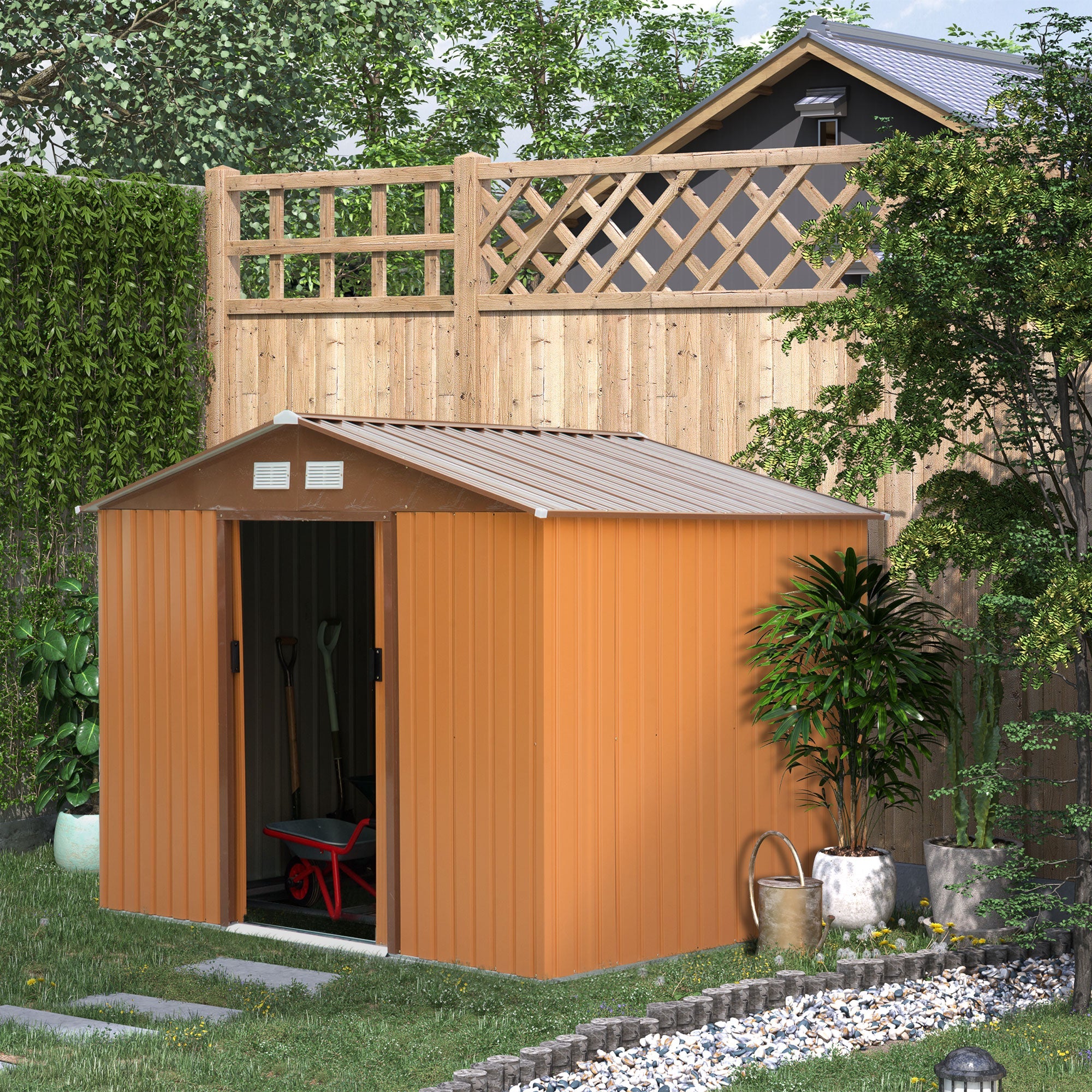 9.1' x 6.4' x 6.3 Garden Storage Shed w/Floor Foundation Outdoor Patio Yard Metal Tool Storage House w/ Double Doors Yellow Sheds   at Gallery Canada