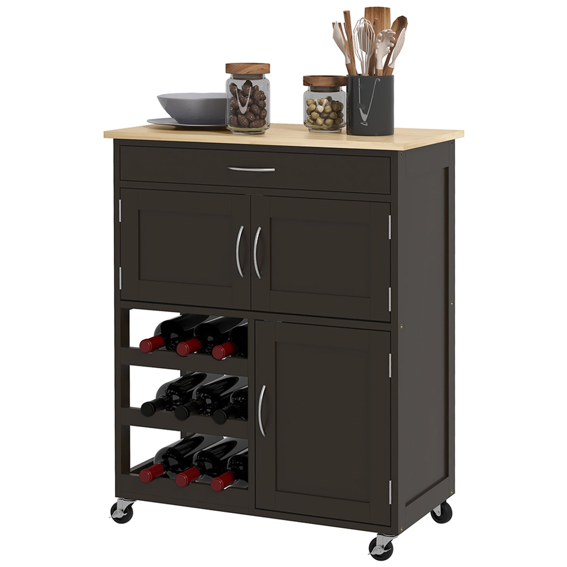 Rolling Kitchen Cart, Kitchen Island with Storage Drawer, 9-bottle Wine Rack, Door Cabinets, Wooden Countertop, Black Kitchen Islands & Kitchen Carts Multi Colour  at Gallery Canada