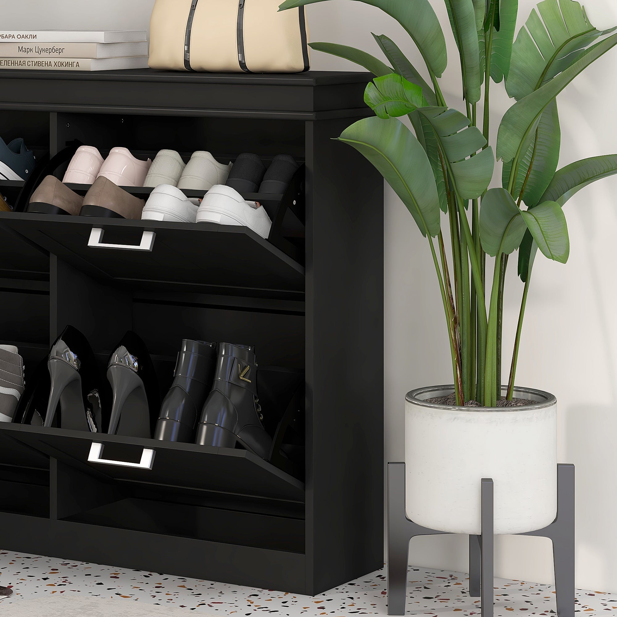 Shoe Storage Cabinet with 4 Flip Drawers and Adjustable Shelves, Narrow Shoe Cabinet for 20 Pairs of Shoes, Black Shoe Storage Cabinets & Racks   at Gallery Canada