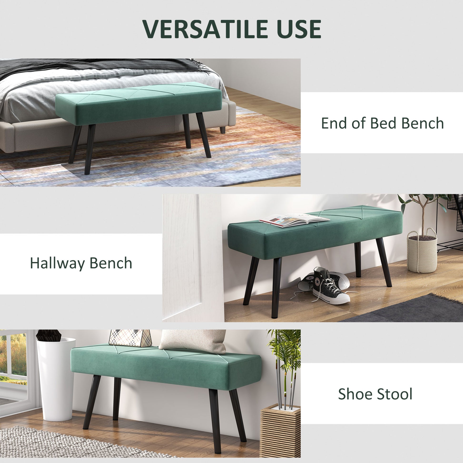 39 Inches Upholstered Bedroom Bench, Modern End of Bed Bench with Steel Legs, Green Storage Ottomans & Benches   at Gallery Canada