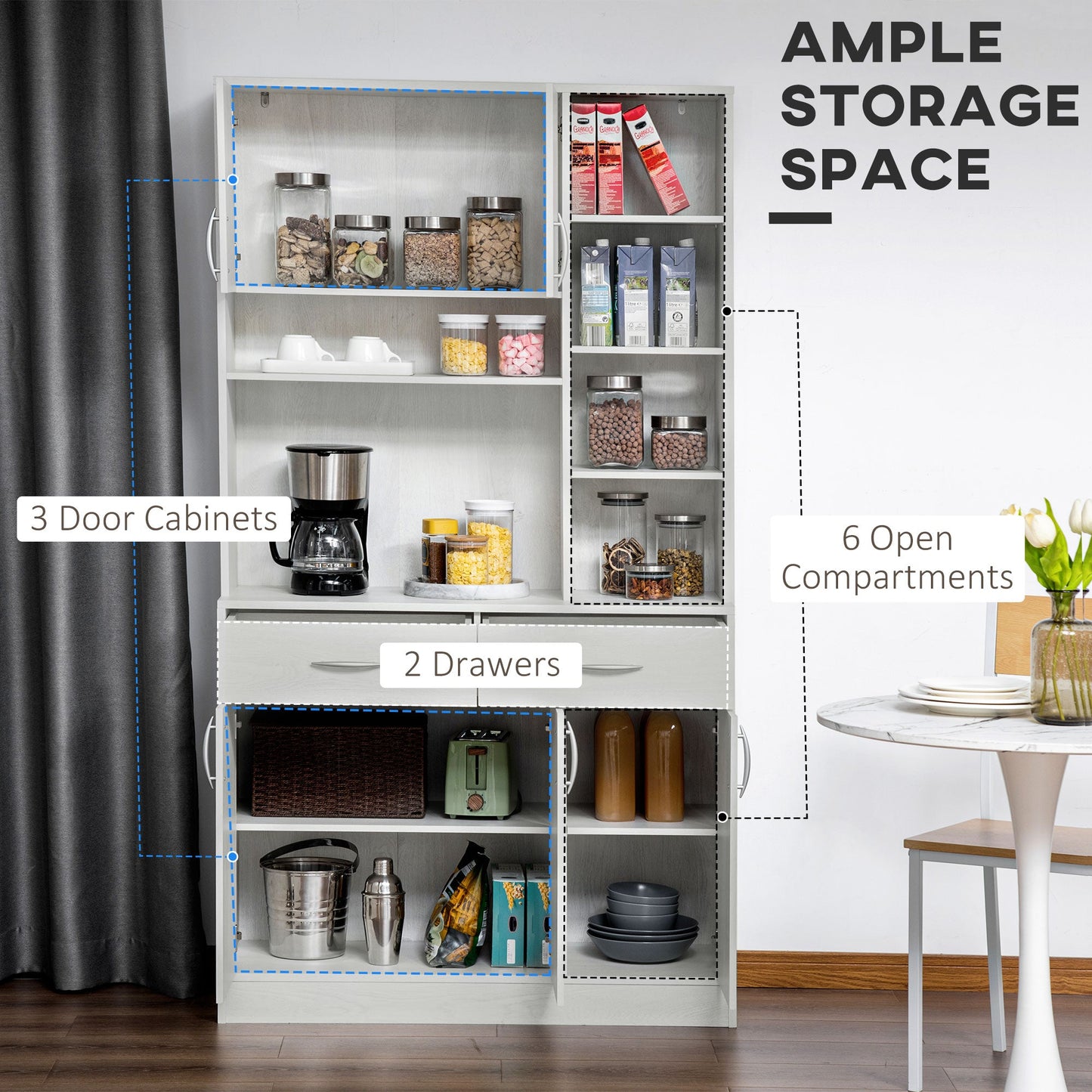 71" Kitchen Hutch with Storage Cabinet, Modern Buffet with Hutch, Cupboard with Drawers for Living Dining Room, Ash White Kitchen Pantry Cabinets   at Gallery Canada