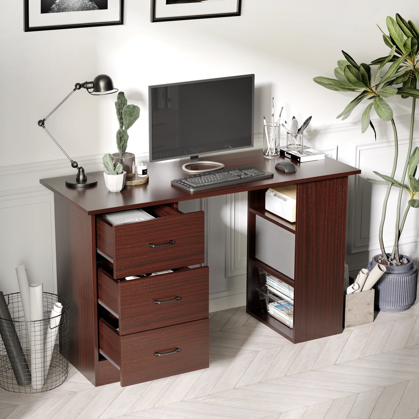 Computer Desk with 3-Tier Storage Shelves, 47 Inches Home Office Desk with Drawers, Study Writing Table, Walnut Writing Desks   at Gallery Canada