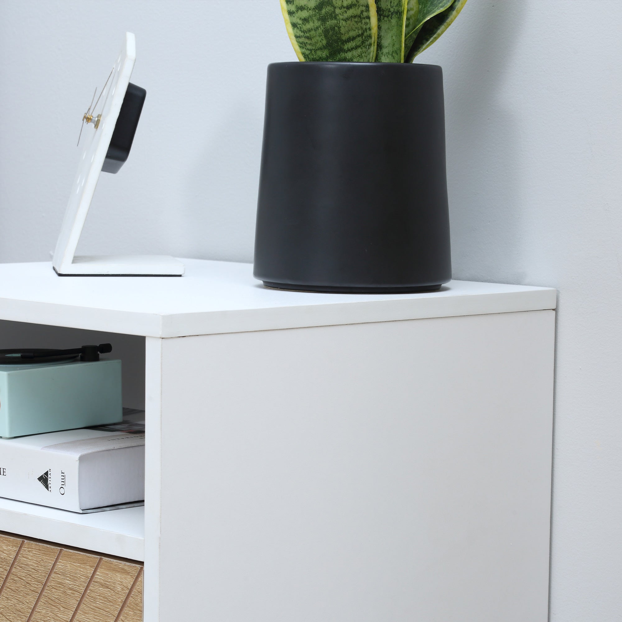 Modern Bedside Table with Drawer, Nightstand with Storage Shelf, Sofa End Table for Bedroom, White and Oak Bedside Tables at Gallery Canada