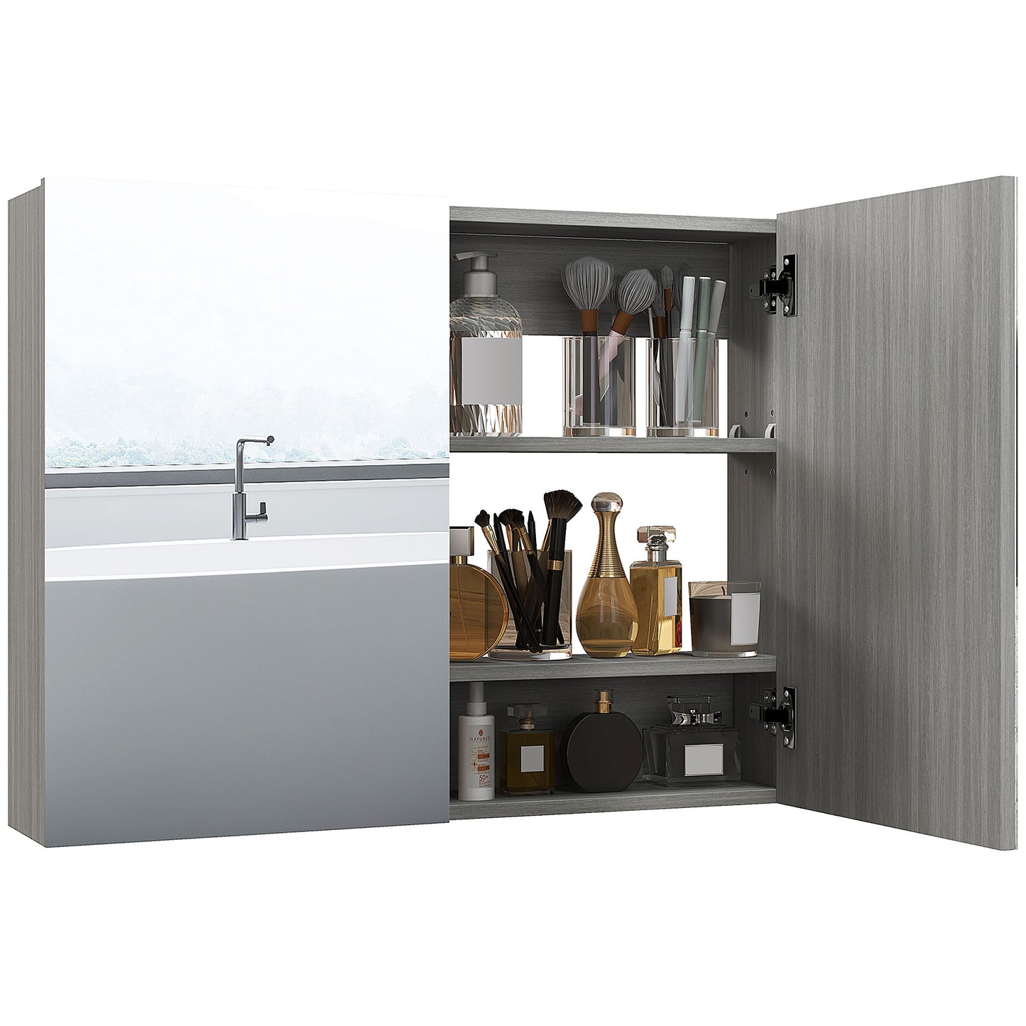 Bathroom Mirror Cabinet, Wall-Mounted Storage Organizer with Double Doors, Adjustable Shelf, Grey Mirror Medicine Cabinets   at Gallery Canada