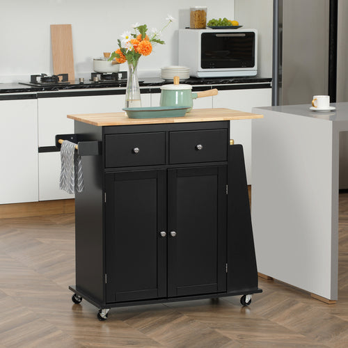 Rolling Kitchen Island Trolley Storage Cart with Rubber Wood Top, 3-Tier Spice Rack, Towel Rack Home Kitchen Carts, Black