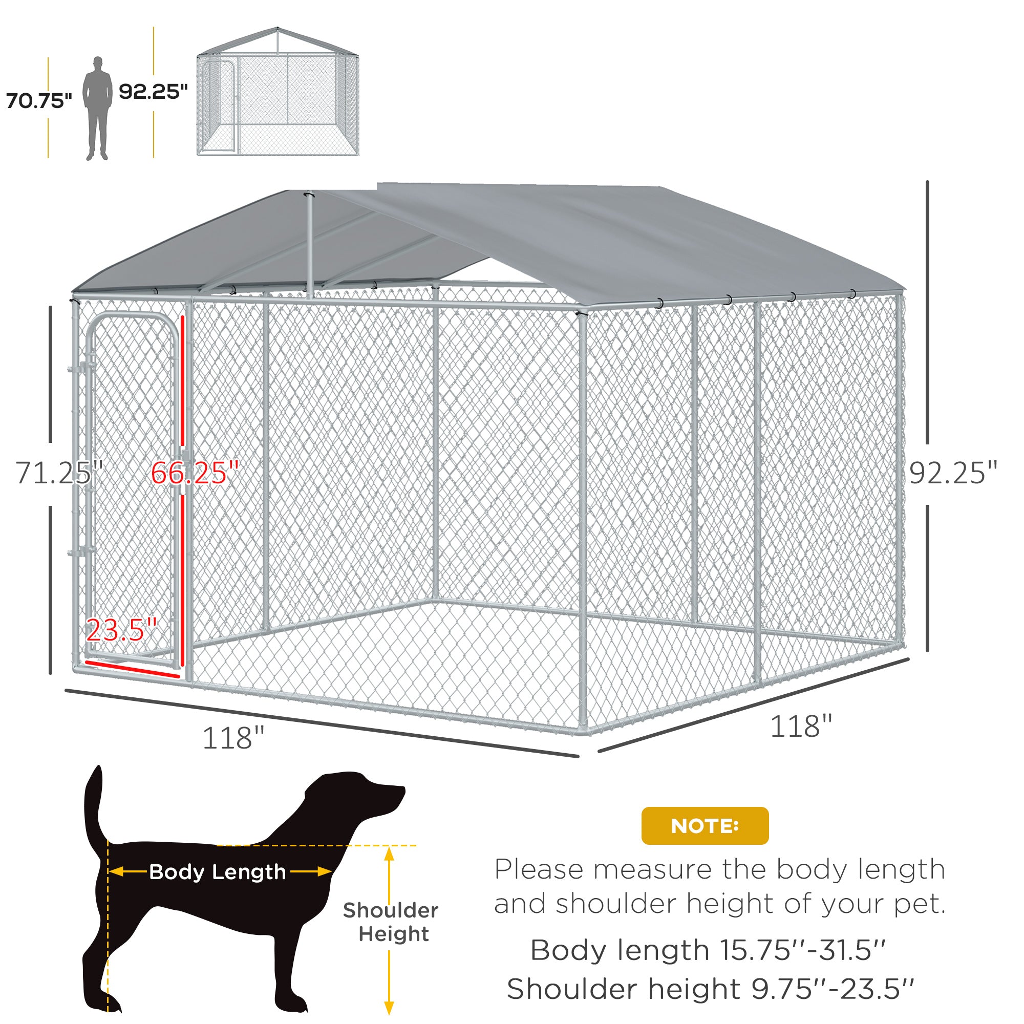 Dog Kennel Outdoor Run Fence with Roof, Steel Lock, Mesh Sidewalls for Backyard &; Patio, 9.8' x 9.8' x 7.7' Houses, Kennels & Pens   at Gallery Canada