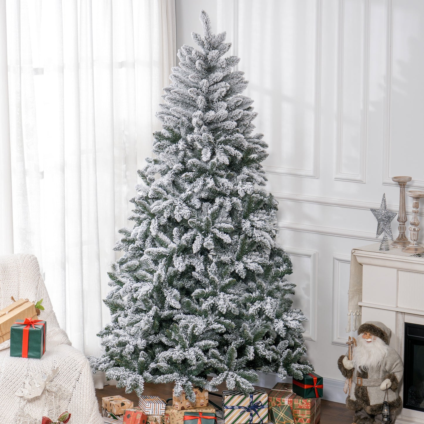 7 Foot Artificial Flocked Christmas Tree with Snow, Metal Stand, Hinged Xmas Tree for Home Office Holiday Flocked Christmas Trees   at Gallery Canada