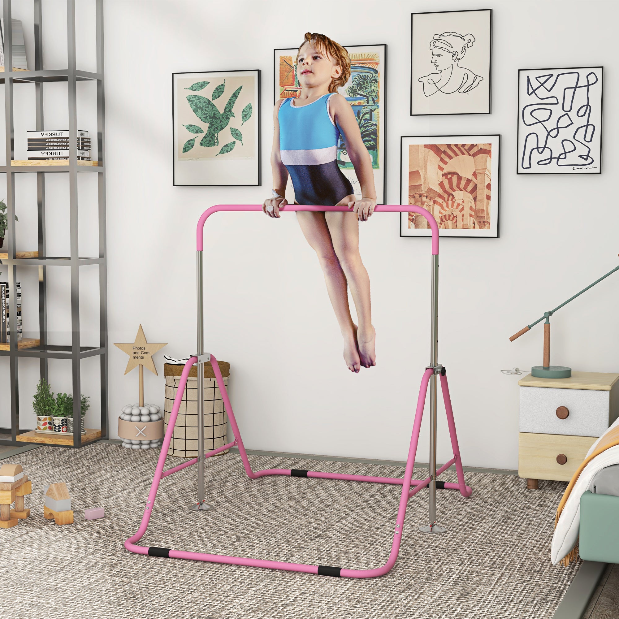 Foldable Gymnastics Bar for Kids, Expandable Gymnastics Equipment with Adjustable Height for Boys Girls, Pink Baby Gym & Playmats at Gallery Canada