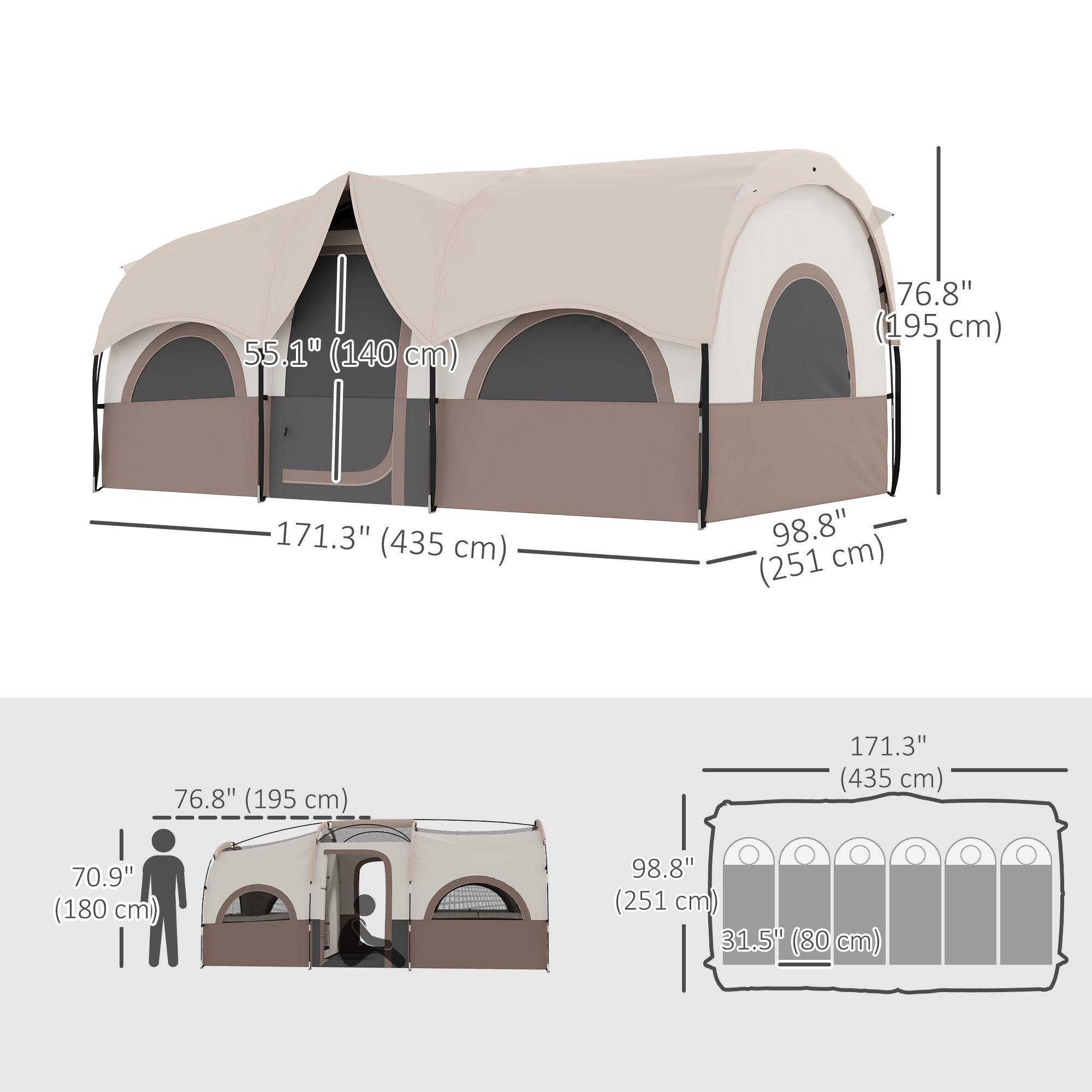 4-6 Person Camping Tent, 3 Room Cabin Tent, 3000mm Waterproof and UPF30+ with Sewn in Groundsheet and Carry Bag, Khaki Camping Tents at Gallery Canada