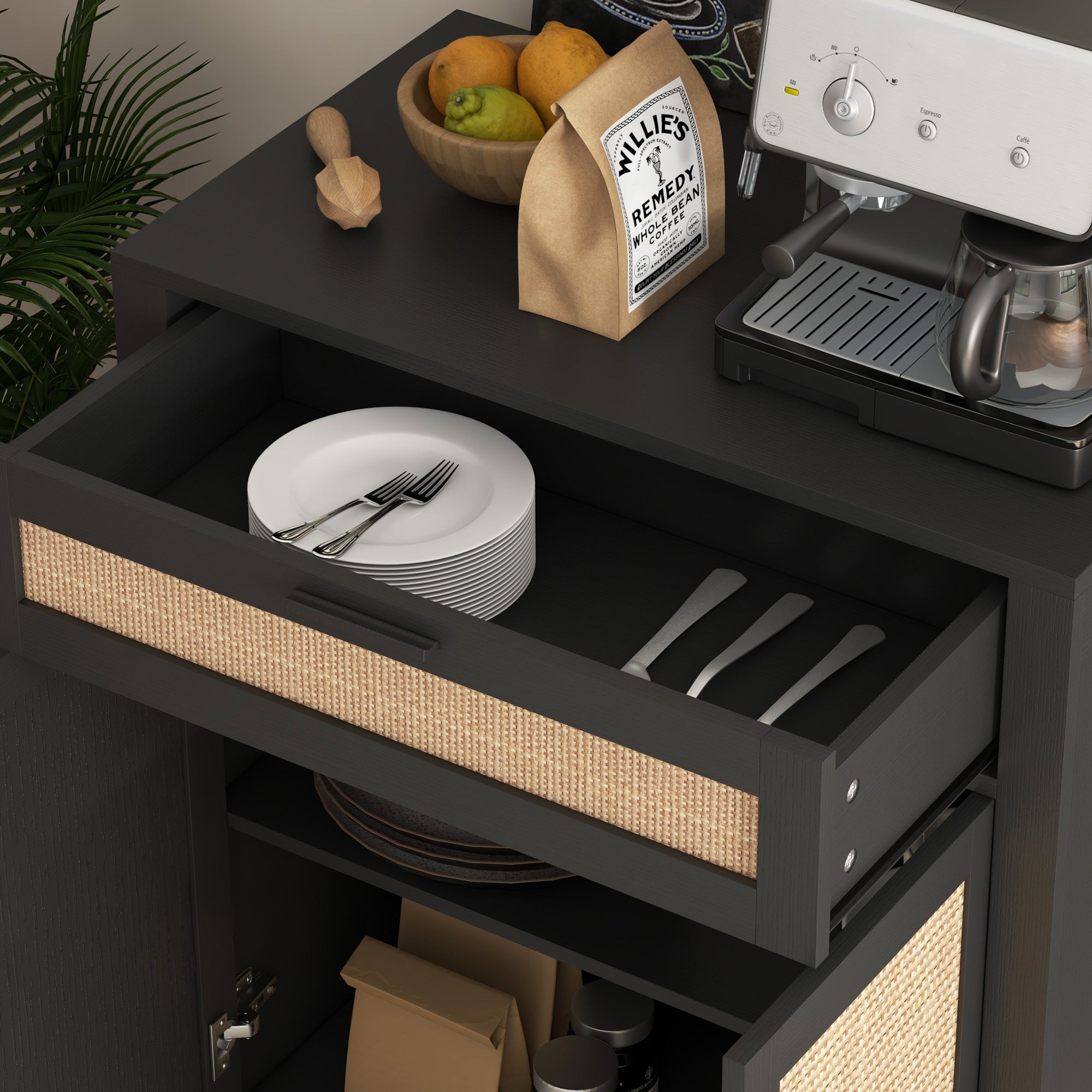 Kitchen Sideboard, Boho Storage Cabinet with 2 Rattan Decorated Doors and Drawer for Dining Room, Black Storage Cabinets   at Gallery Canada