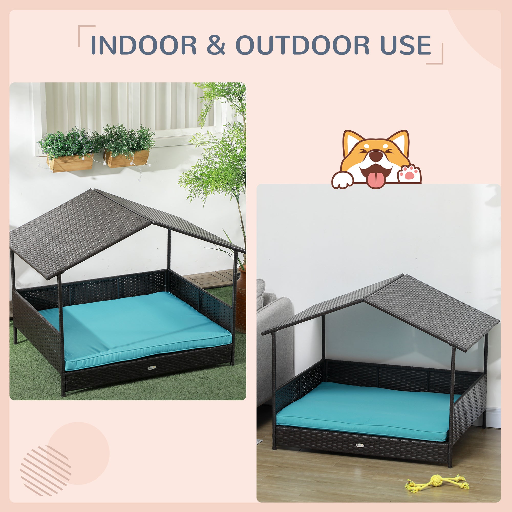 Outdoor Dog House Wicker Dog Bed with Soft Cushion Washable Cover, for Medium Large Dogs Indoor Outdoor, Blue Houses, Kennels & Pens at Gallery Canada