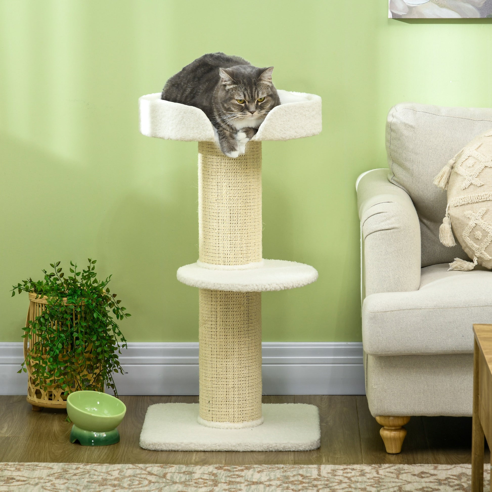 Cat Tree Kitty Tower with Sisal Mat Scratching Post, Cat Bed, Cushion, Perch, 18" x 18" x 36", Cream White Cat Towers Cream  at Gallery Canada